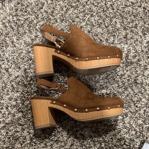 Time and Tru Brown Suede Studded Platform Clog Heels